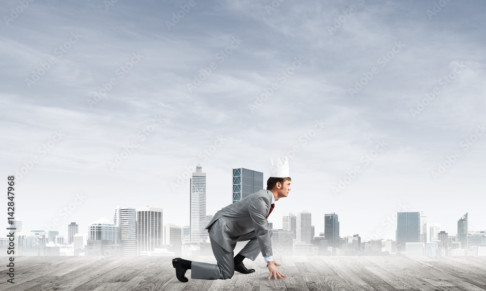 King businessman in elegant suit running and modern cityscape at background King businessman in elegant suit running and modern cityscape at background