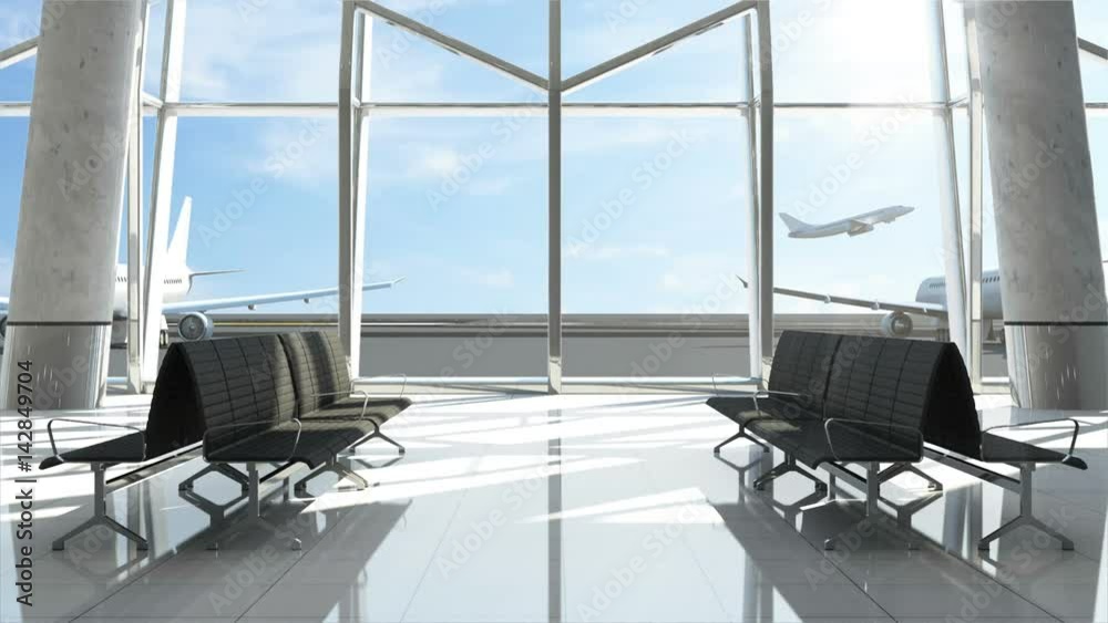 Animation of Airplane takes off from Airport. View from Airport Terminal Waiting Area