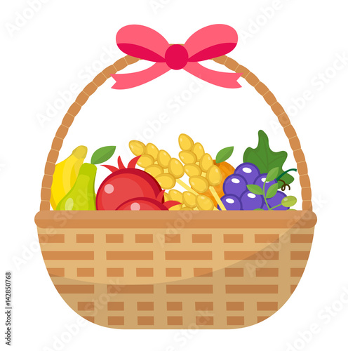 Fruit Basket icon, flat, cartoon style. Jewish holiday Shavuot, food concept. Pomegranate, grapes, wheat, olives. Isolated on white background Vector illustration clip-art