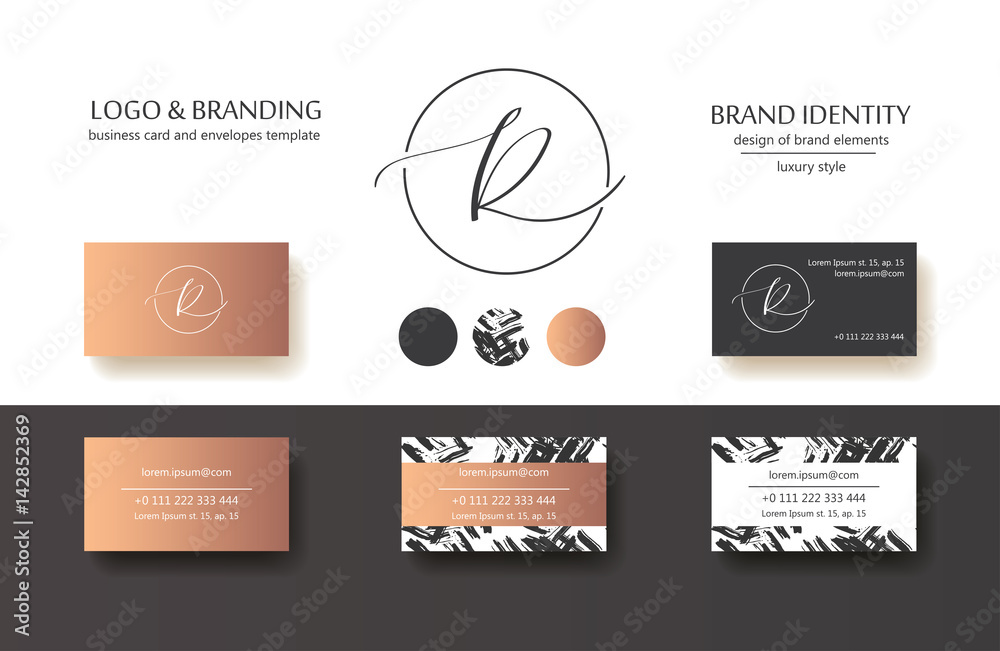 Fototapeta premium Sophisticated brand identity. Letter R line logo. Business card template included.