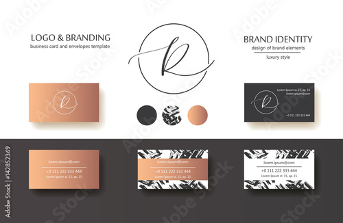 Sophisticated brand identity. Letter R line logo. Business card template included.