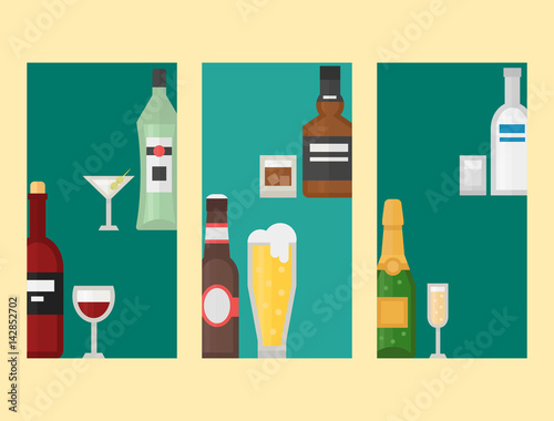 Alcohol drinks beverages cocktail card drink bottle lager refreshment container and menu drunk concept different bottle and glasses vector illustration.