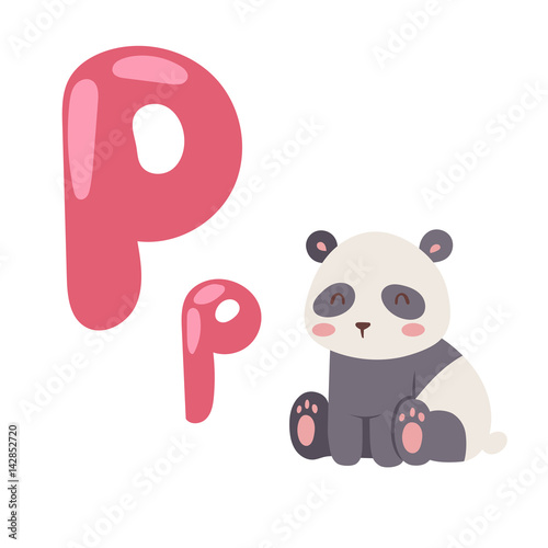 Fototapeta Naklejka Na Ścianę i Meble -  Cute zoo alphabet with cartoon animal panda isolated on white background and funny letter P wildlife learn typography cute language vector illustration.
