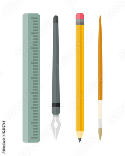 Paint and writing tools collection flat style colored stationery equipment drawing and education artist cartoon sketching vector illustration.