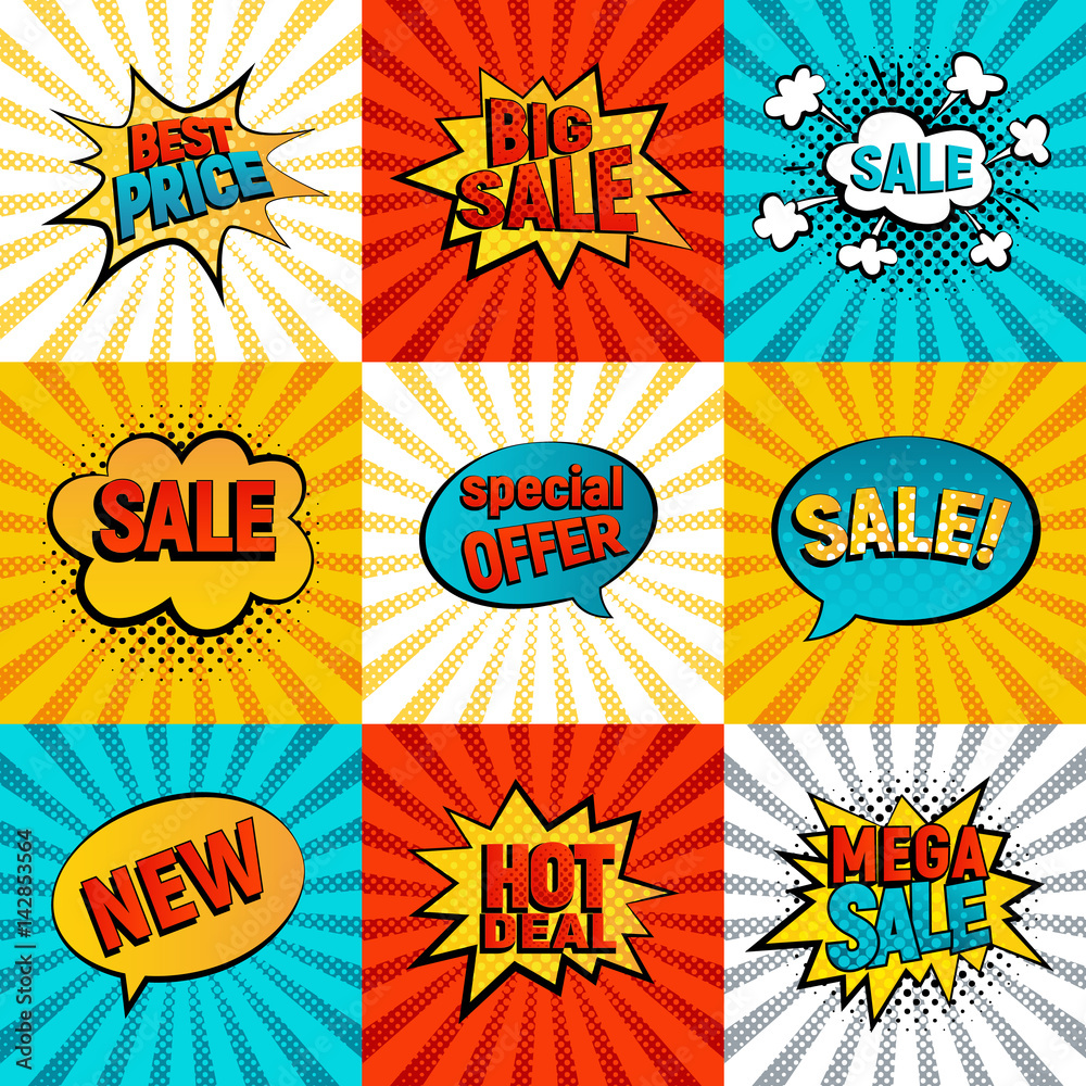 Sales icons vector set. Big, Mega sale, Best price and Hot deal comic style, card on background with rays. New, Special offer on spech bubble. Explosion bubbles, discount promotion pop art style