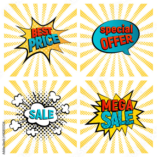 Retro sales icon vector card collection. Cartoon icon on yelliow and white rays background. Bubbles vector illustration. Tag icons with halftone dot. Big,Mega sale, Best price and Hot deal comic style