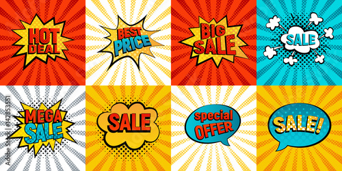 Retro sales icon vector card collection. Cartoon icon on colorfull rays background. Bubbles vector illustration. Tag icons with halftone dot, comic style