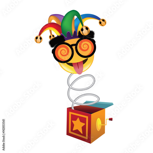 Jack in the Box with confetti, jester hat and laughing emoticon. EPS 10 vector.