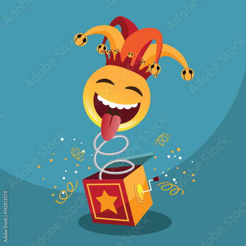 Jack in the Box with confetti  jester hat and laughing emoticon. EPS 10 vector.