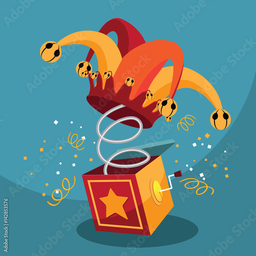 Jack in the Box with confetti, jester hat. EPS 10 vector.