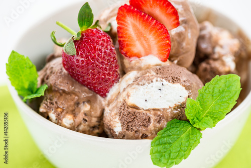 Vanilla and Chocolate Ice Cream Scoops in Bowl