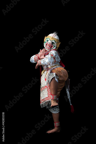 This mask dance drama of Thailand call Khon from the Ramayana story with black isolated background.