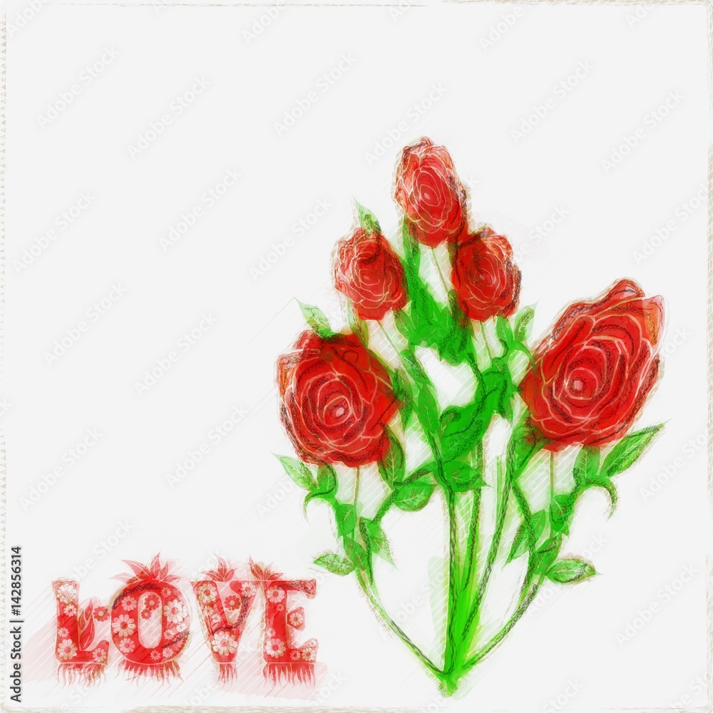 Fototapeta premium A bouquet of Red Roses with Love text