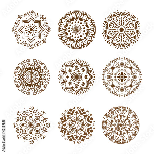 Henna tattoo brown mehndi flower template doodle ornamental lace decorative element and indian design pattern paisley arabesque mhendi embellishment vector.