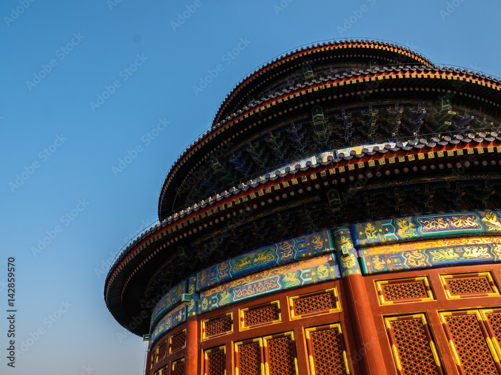 The Temple of Heaven in southern Beijing in winter, roof details and sky