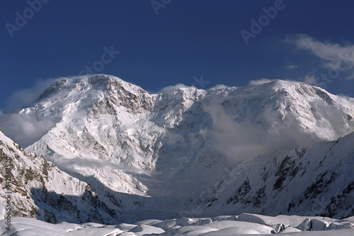 View to Pobeda peak 7439m from the South Inylchek Glacier on Tien Shan, Kyrgyzstan.