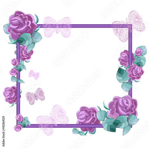 Lilac roses with leaves and openwork butterfly frame graphic fra