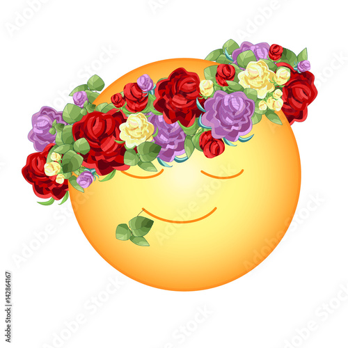 Orange smiling sun with a wreath of bright graphic of rose with