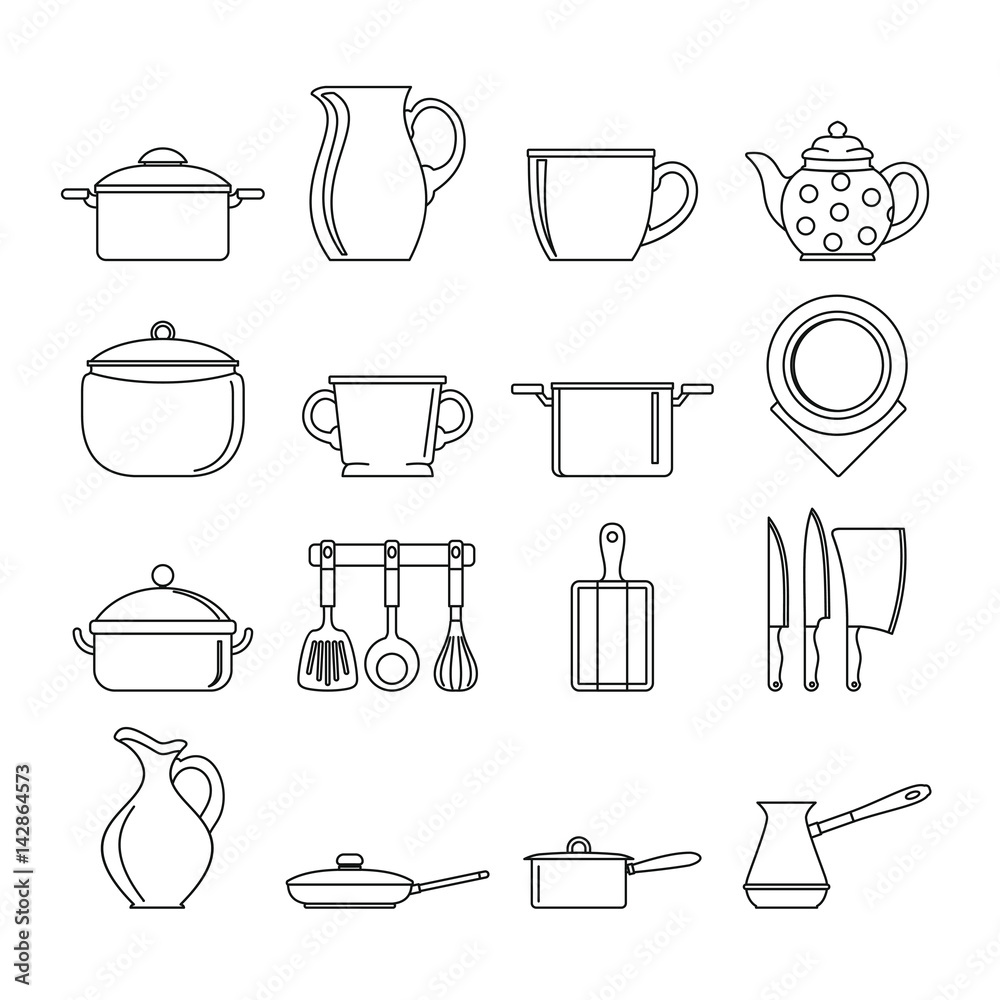 Set flat black line dishes items Set flat black line dishes items