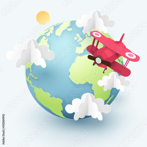 Paper art and origami of red plane fly around the world, travel and journey idea in transportation concept