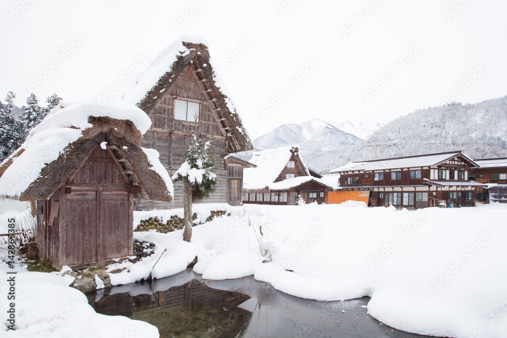 World Heritage Site Shirakawago village with snow in winter