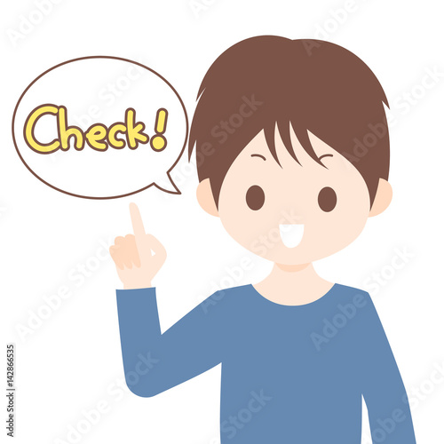 指を指してcheckと言っている男性　イラスト素材　白背景・ベクター