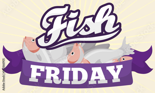 Fishes behind a Purple Ribbon for Fish Friday in Lent, Vector Illustration
