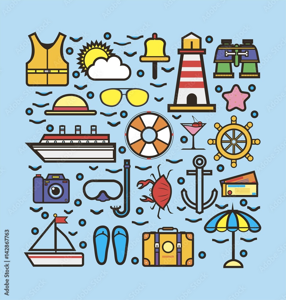 Naklejka premium Elements in concept of travelling isolated on blue. Cruise icons