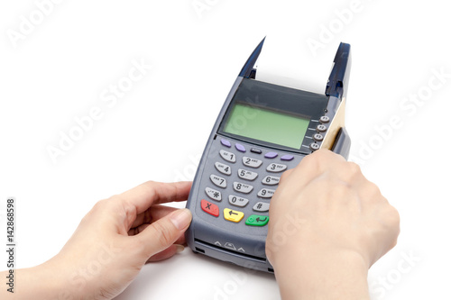 Obraz na płótnie Payment by Credit Card Machine on white background. w salonie