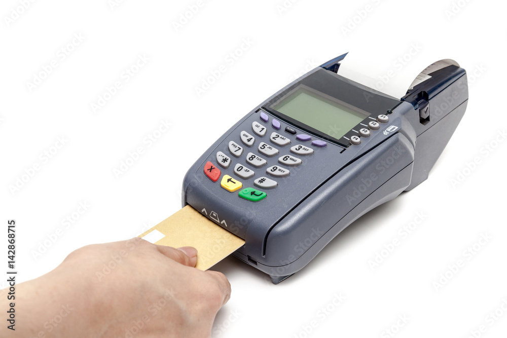 Payment by Credit Card Machine on white background.