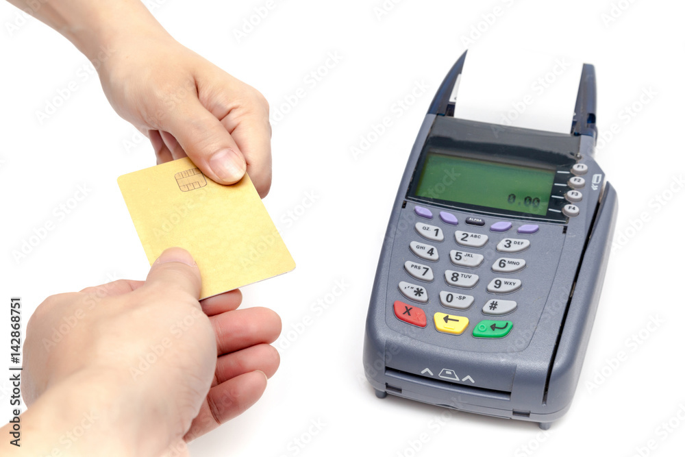 Payment by Credit Card Machine on white background.