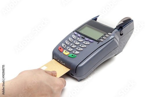Obraz na płótnie Payment by Credit Card Machine on white background. w salonie