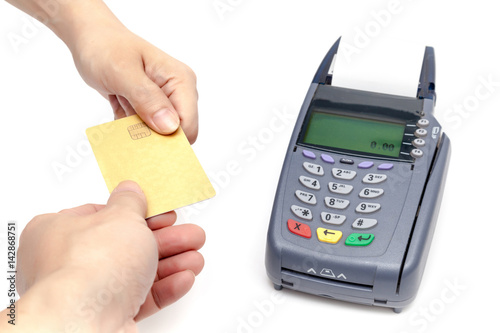 Obraz na płótnie Payment by Credit Card Machine on white background. w salonie