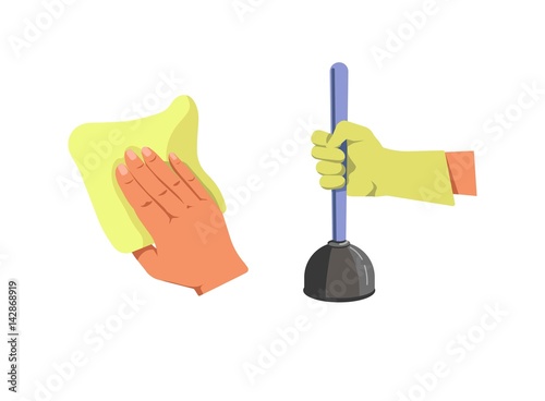 Human hand holding duster for cleaning and plunger isolated