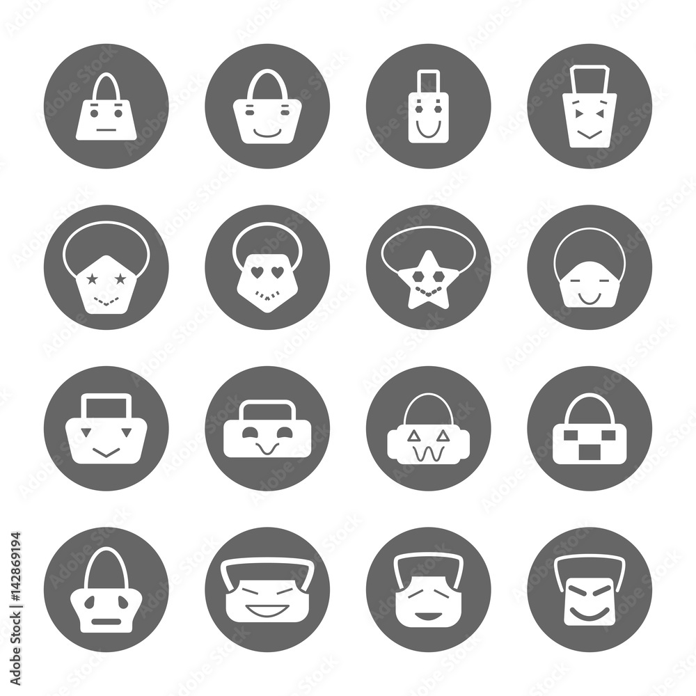 handbag emoticon face icons set