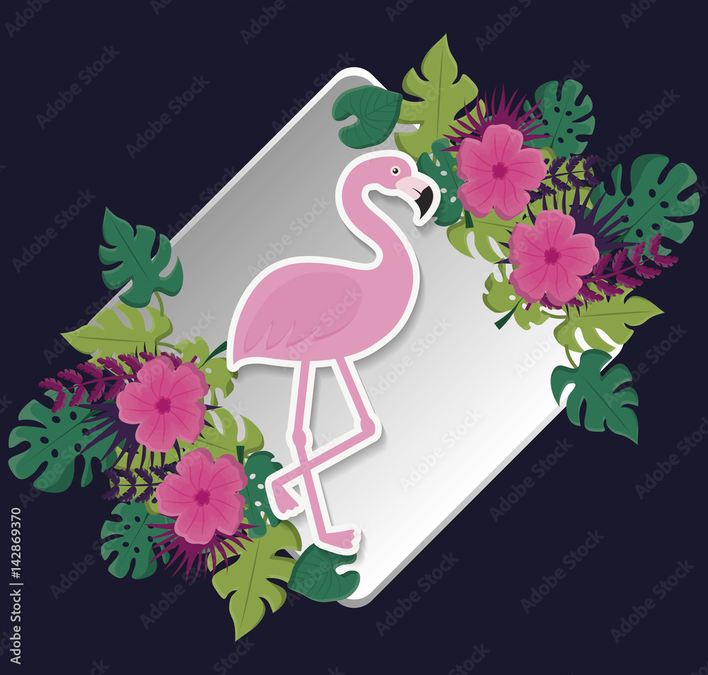 Fototapeta tropical flowers and flamingo icon over blue background. colorful design. vector illustration