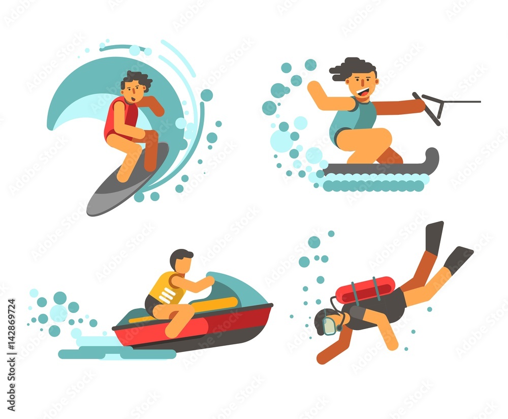 Summer water healthy activities vector poster on white background
