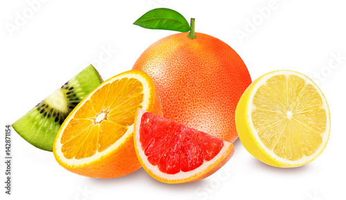 Isolated citrus fruits. Orange, grapefruit, lemon and kiwi isolated on white