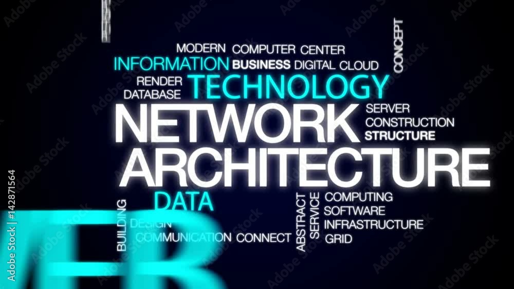 Network architecture animated word cloud, text design animation.