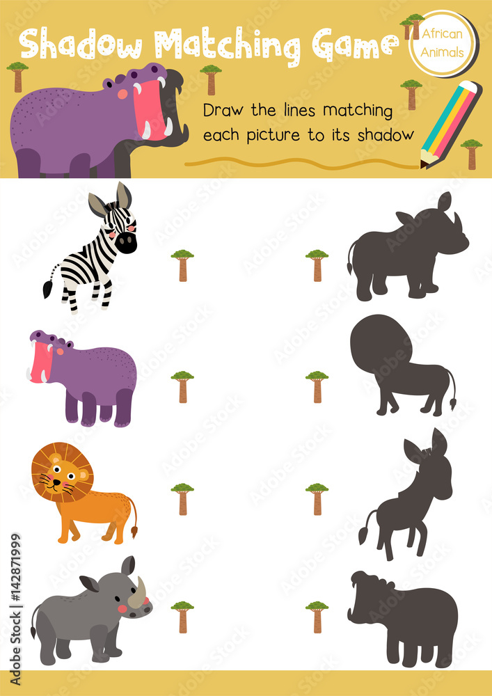 Shadow matching game of african animals for preschool kids activity  worksheet layout in A4 colorful printable version. Vector Illustration.  Stock Vector | Adobe Stock
