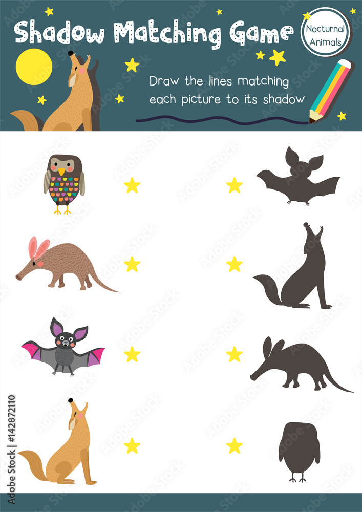 Shadow matching game of nocturnal animals for preschool kids activity worksheet layout in A4 colorful printable version. Vector Illustration.