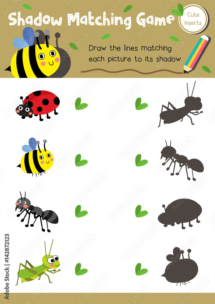 shadow matching game of insect bug animals for preschool kids activity worksheet layout in a4 colorful printable version vector illustration stock vector adobe stock
