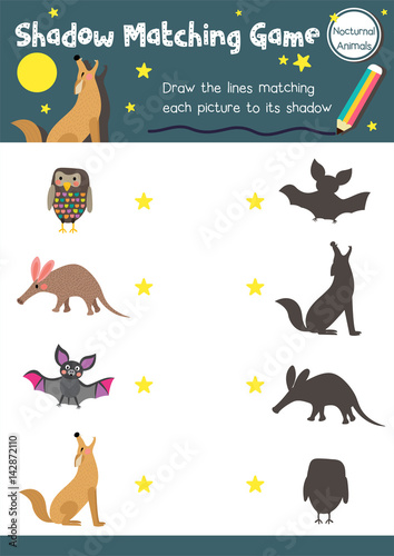 Shadow matching game of nocturnal animals for preschool kids activity worksheet layout in A4 colorful printable version. Vector Illustration.