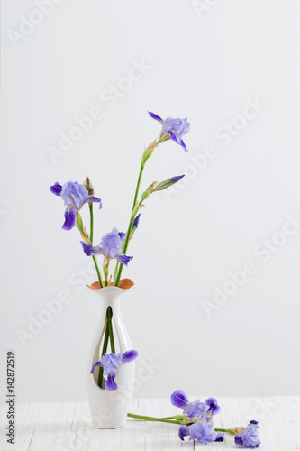 Fototapeta Naklejka Na Ścianę i Meble -  bouquet of spring purple Iris in a vase on white