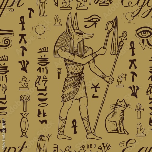 Seamless background with Anubis and traditional Egyptian symbols