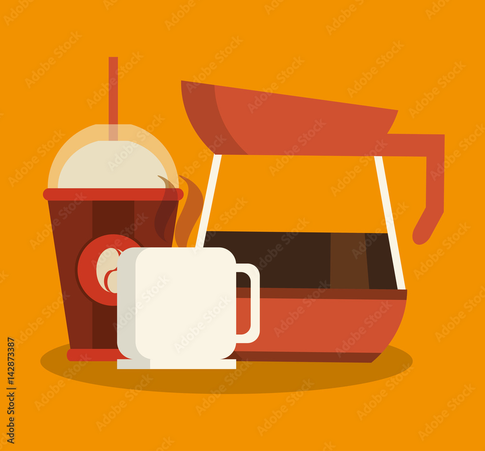 coffee jar and coffee cup and mug over orange background. colorful design. vector illustration coffee jar and coffee cup and mug over orange background. colorful design. vector illustration