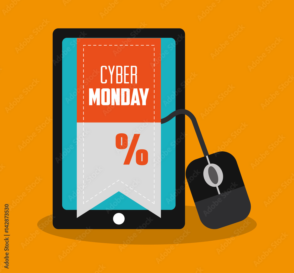 smartphone device and cyber monday tag icon over orange background. colorful design. vector illustration
