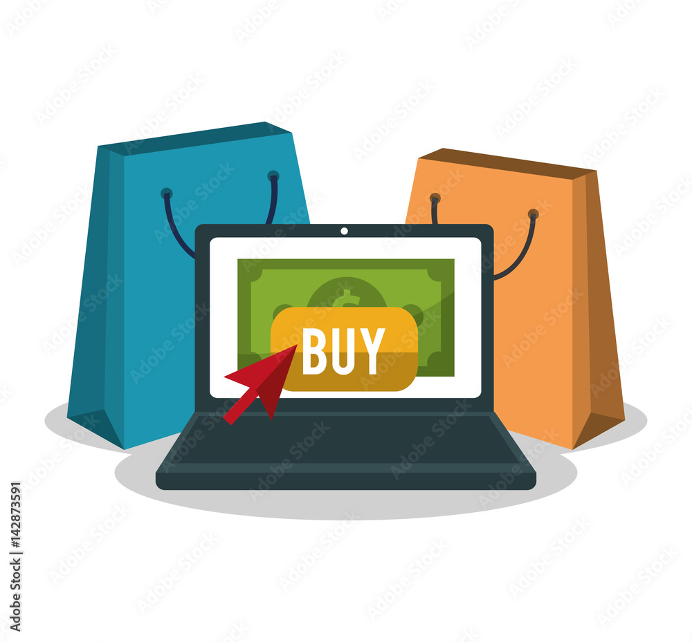 laptop computer with shopping bags and sale related icons over white background. colorful design. vector illustration