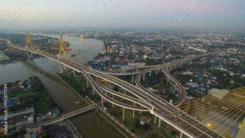 aerial view of bhumibol bridge crossing chaopraya river in bangkok thailand © stockphoto mania