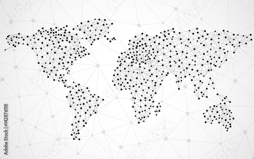 Abstract polygonal world map with dots and lines, network connections